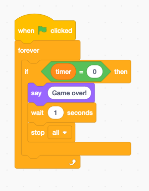 Scratch block showing a timer = zero block nested within an if then block. Under that is a say game over block, followed by a wait 1 seconds block and stop all block. Those blocks are nested within a forever loop that is under a when the green flag clicked block.