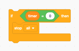 Scratch block showing a timer = zero block nested within an if then block. Under that is a stop all block.