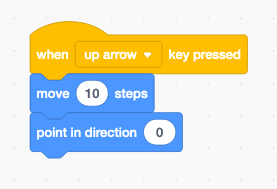Scratch code block showing point in direction block attached below move 10 steps and when up arrow key pressed blocks