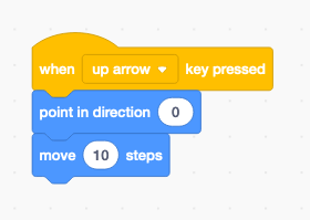 Scratch code block showing point in direction block attached above move 10 steps and below when up arrow key pressed blocks