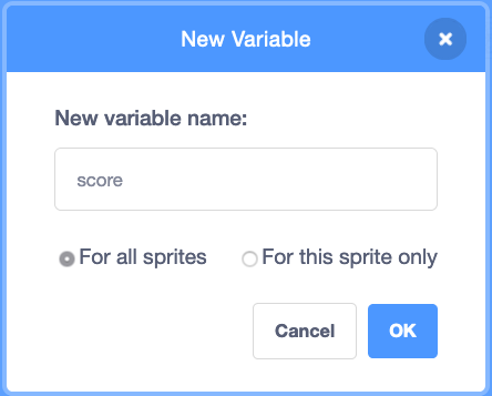 Window showing new variable named score being created and made available for all sprites