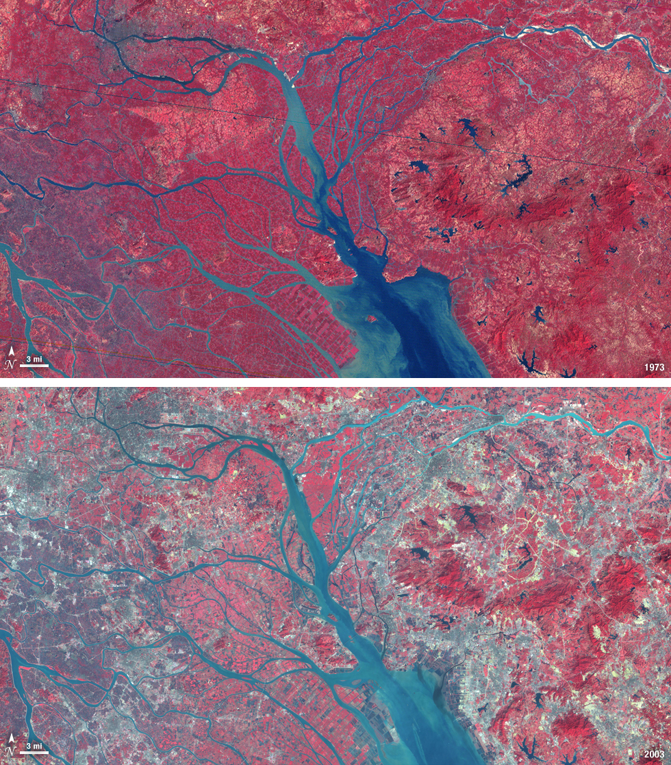 Infrared satellite image of the Pearl River Delta, China, in 1973 vs. 2003