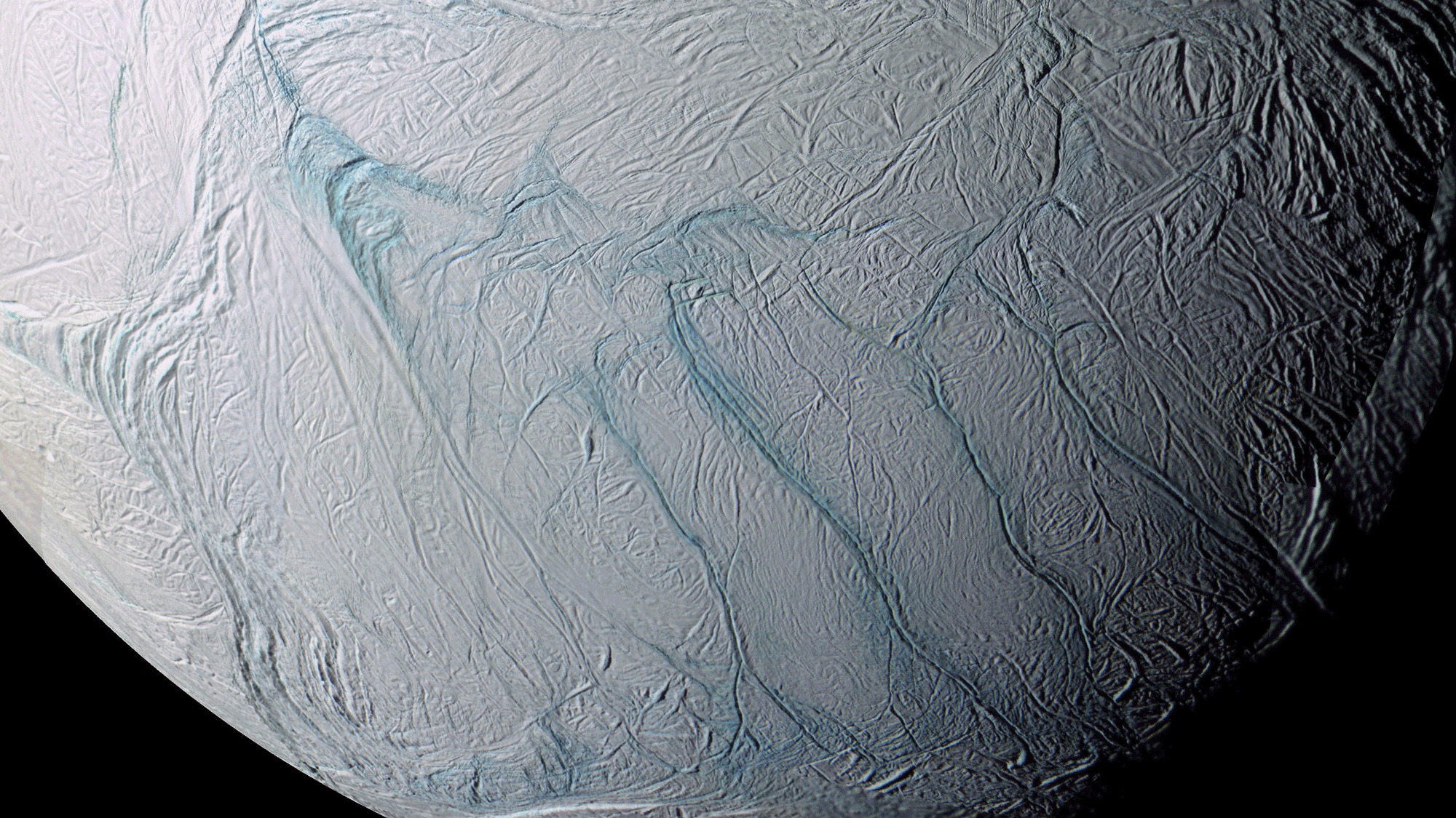 Color image of the cracks, or Tiger Stripes, on the South Pole of Saturn's moon Enceladus