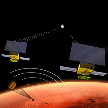 Artist's concept of two cubesats orbiting Mars.