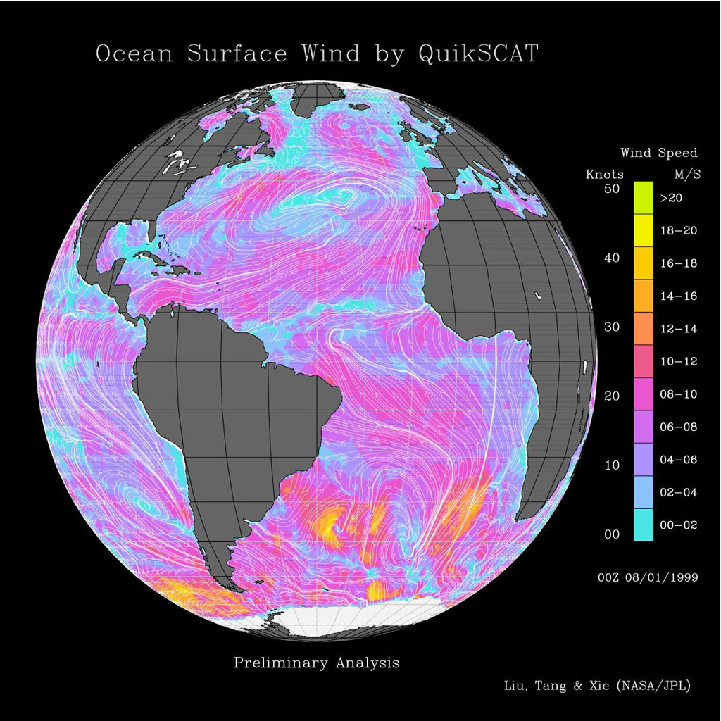 Space Images | Atlantic Ocean Surface Winds from QuikScat1024 x 1024