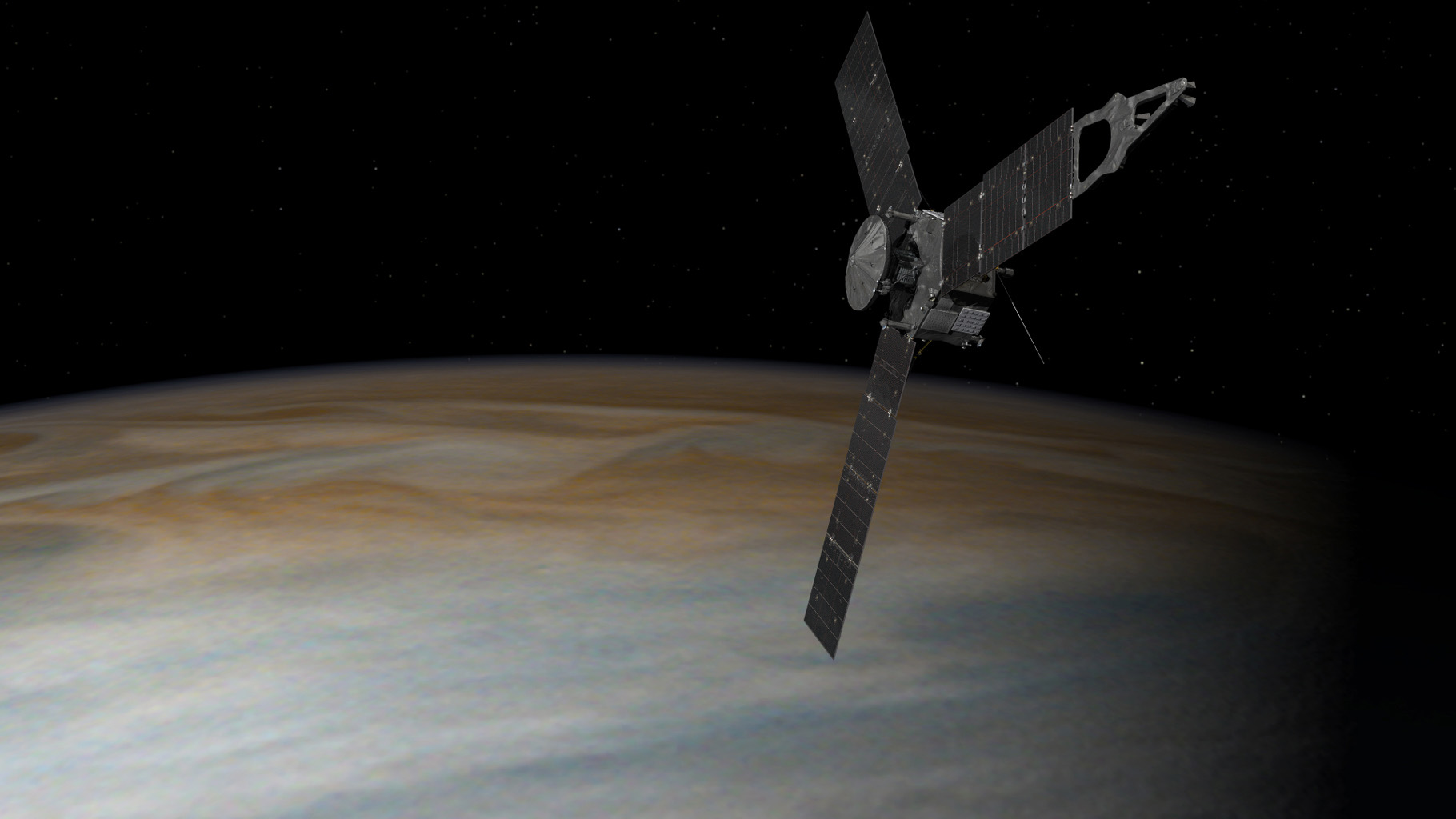 This illustration depicts NASA's Juno spacecraft in orbit above Jupiter. From its unique polar orbit, Juno will repeatedly dive between the planet and its intense belts of charged particle radiation, coming only about 3,000 miles (5,000 kilometers) from the cloud tops at closest approach.