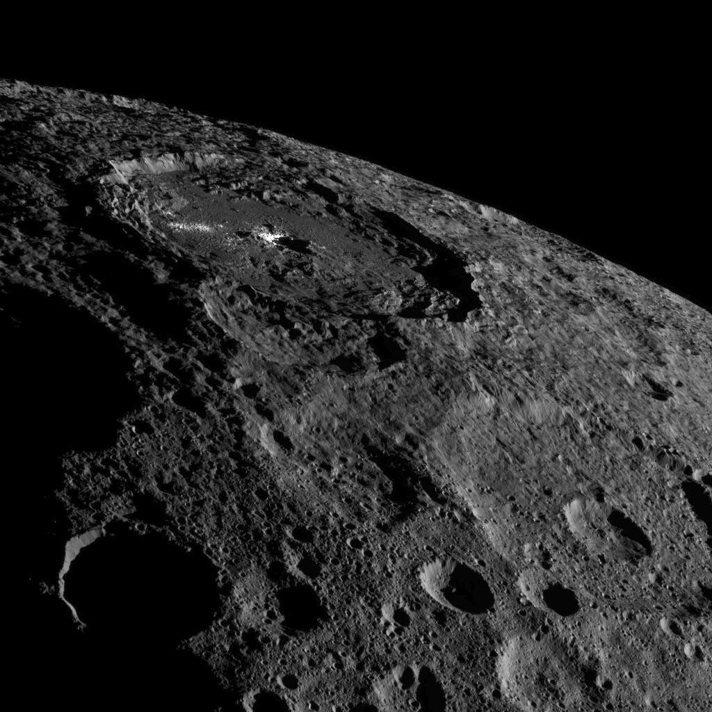 This image of the limb of dwarf planet Ceres shows a section of the northern hemisphere. Prominently featured is Occator Crater, home of Ceres' intriguing brightest areas.