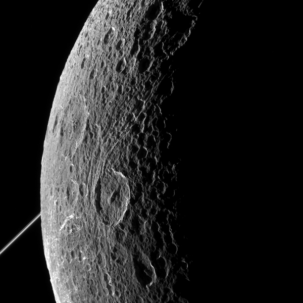 NASA's Cassini imaging scientists processed this view of Saturn's moon Dione, taken during a close flyby on June 16, 2015. This was Cassini's fourth targeted flyby of Dione and the spacecraft had a close approach altitude of 321 miles (516 kilometers) from Dione's surface.