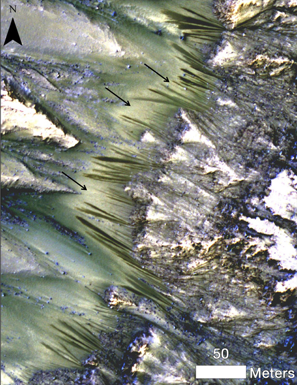 Flujos estacionales oscuros emanan de las exposiciones de roca en el Cráter Palikir en Marte, en esta imagen de la cámara de alta resolución HiRISE a bordo de la sonda espacial Mars Reconnaissance Orbiter de la NASA.