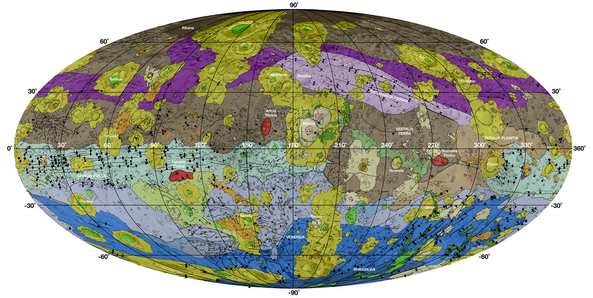 This high-resolution geological map of Vesta is derived from Dawn spacecraft data. Brown colors represent the oldest, most heavily cratered surface. Purple colors in the north and light blue represent terrains modified by the Veneneia and Rheasilvia impacts, respectively. Light purples and dark blue colors below the equator represent the interior of the Rheasilvia and Veneneia basins. Greens and yellows represent relatively young landslides or other downhill movement and crater impact materials, respectively. This map unifies 15 individual quadrangle maps published this week in a special issue of Icarus. Map is a Mollweide projection, centered on 180 degrees longitude using the Dawn Claudia coordinate system.