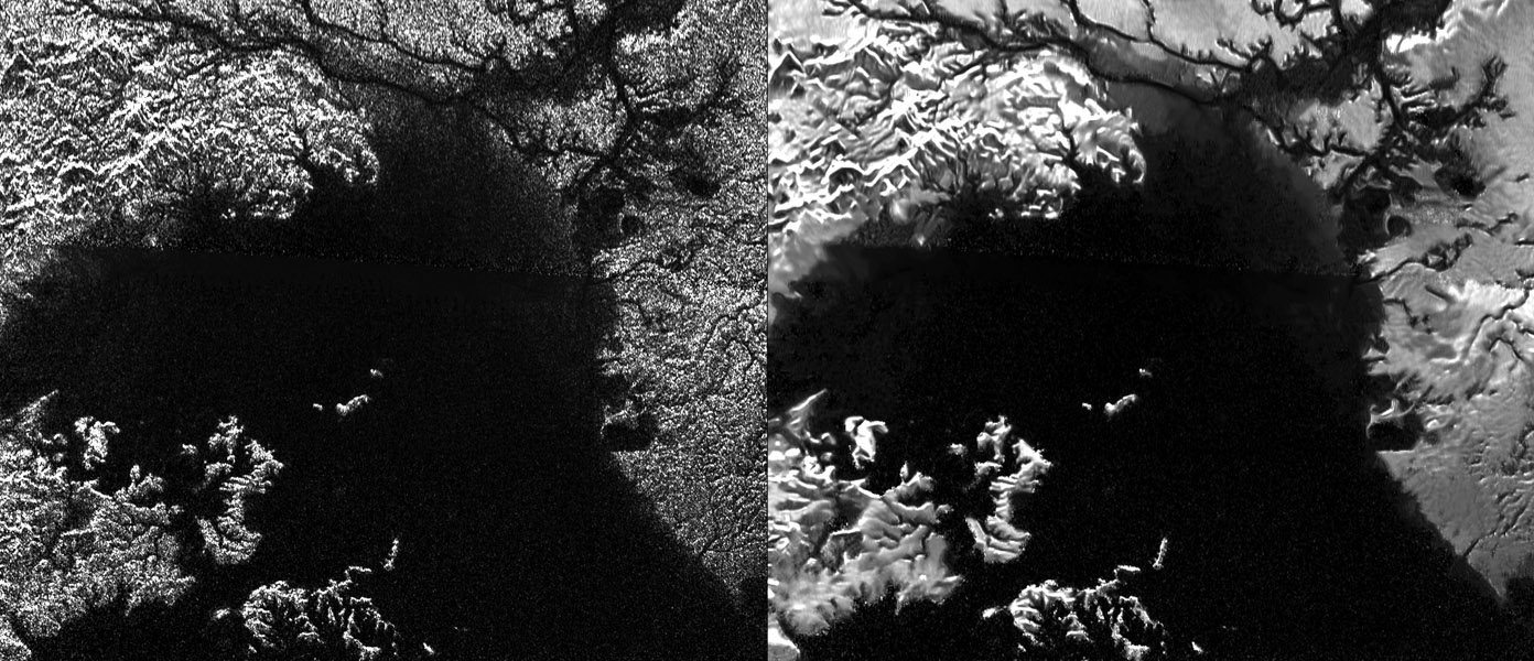 Presented here are side-by-side comparisons of a traditional Cassini Synthetic Aperture Radar (SAR) view and one made using a new technique for handling electronic noise that results in clearer views of Titan's surface. The technique, called despeckling, produces images that can be easier for researchers to interpret.