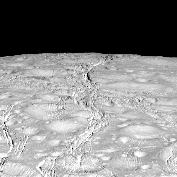  high-resolution Cassini images show a landscape of stark contrasts. Thin cracks cross over the pole -- the northernmost extent of a global system of such fractures. Before this Cassini flyby, scientists did not know if the fractures extended so far north on Enceladus.