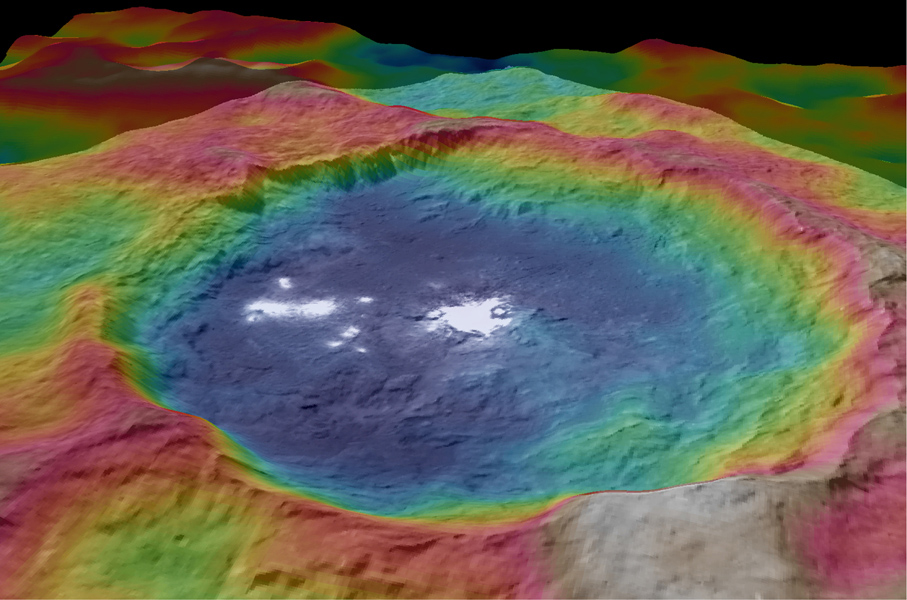 This view, made using images taken by NASA's Dawn spacecraft, is a color-coded topographic map of Occator crater on Ceres.
