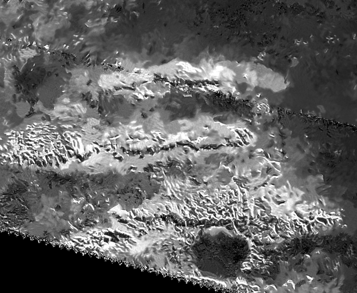 The trio of ridges on Titan known as Mithrim Montes is home to the hazy Saturnian moon's tallest peak. The mountain is located midway along the lower of the three ridges shown in this radar image from NASA's Cassini spacecraft.