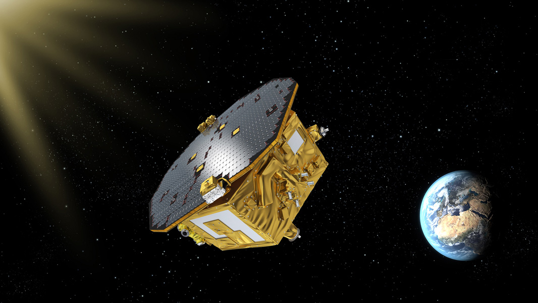 This artist's concept shows ESA's LISA Pathfinder spacecraft, which launched on Dec. 3, 2015, from Kourou, French Guiana, will help pave the way for a mission to detect gravitational waves.