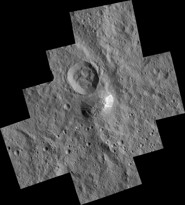 Ceres' mysterious mountain Ahuna Mons is seen in this mosaic of images from NASA's Dawn spacecraft. Dawn took these images from its low-altitude mapping orbit, 240 miles (385 kilometers) above the surface, in December 2015. The resolution of the component images is 120 feet (35 meters) per pixel.