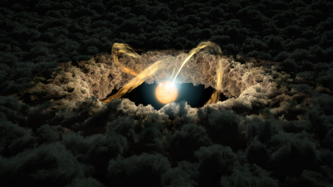 This illustration shows a star surrounded by a protoplanetary disk. Material from the thick disk flows along the star's magnetic field lines and is deposited onto the star' surface. When material hits the star, it lights up brightly.