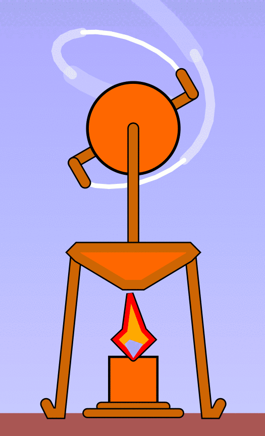 A sphere suspended above a flame spins clockwise as steam flows out of two L-shaped pipes attached to the sphere.