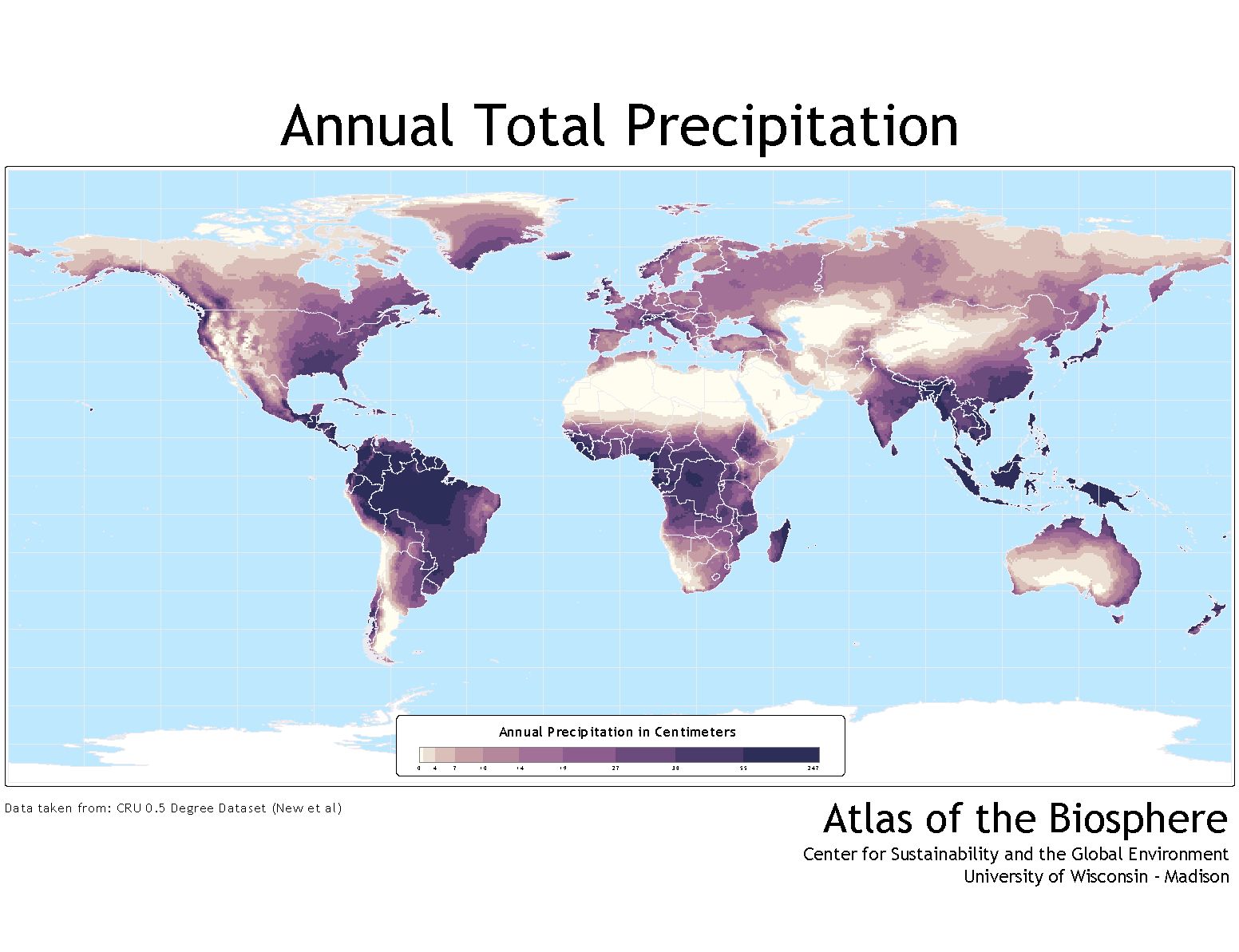 Map of annual global precipitation from 1960 to 1990