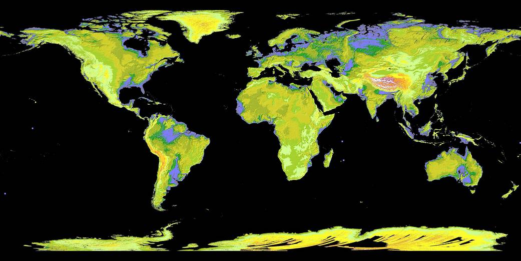 A flat projection of Earth shows the continents with splotches of bright colors denoting topography.