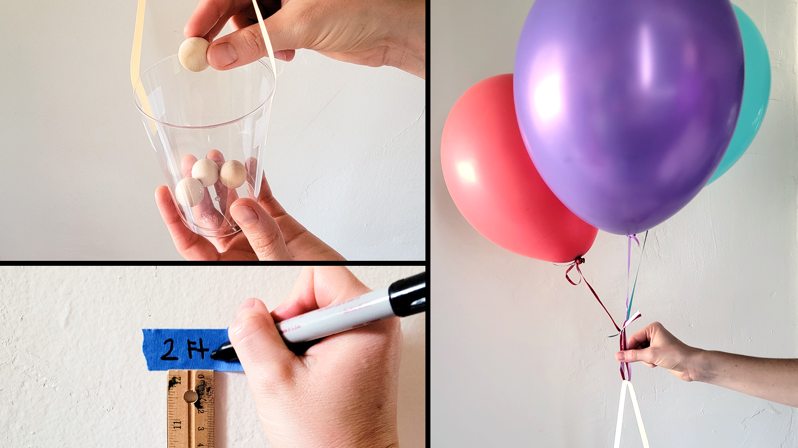 A collage of images shows a person dropping a wooden bead into a cup, writing a measurement on painters tape stuck to the wall, and holding their balloon and gondola system in preparation for launch.