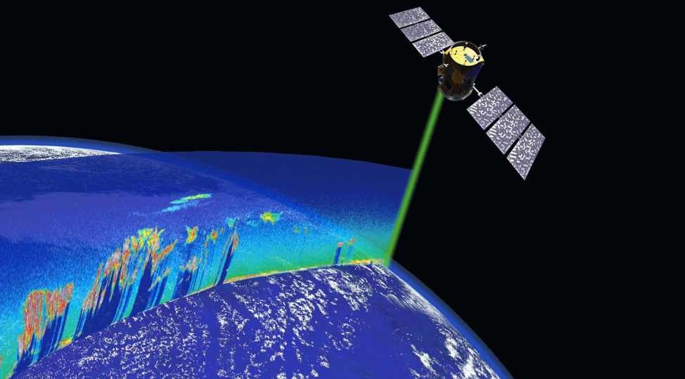 A thin green light extends from a satellite down to Earth and a band of brightly colored data fans out from the green light.
