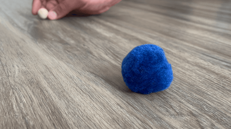A small wooden ball is rolled toward a puffball. Both spheres roll forward at a similar speed.