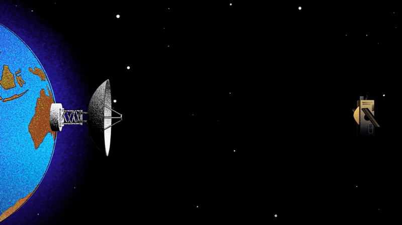 A cartoonish image of a antenna dish sticking out from Earth and sending and receiving a snake-like signal with a spacecraft.