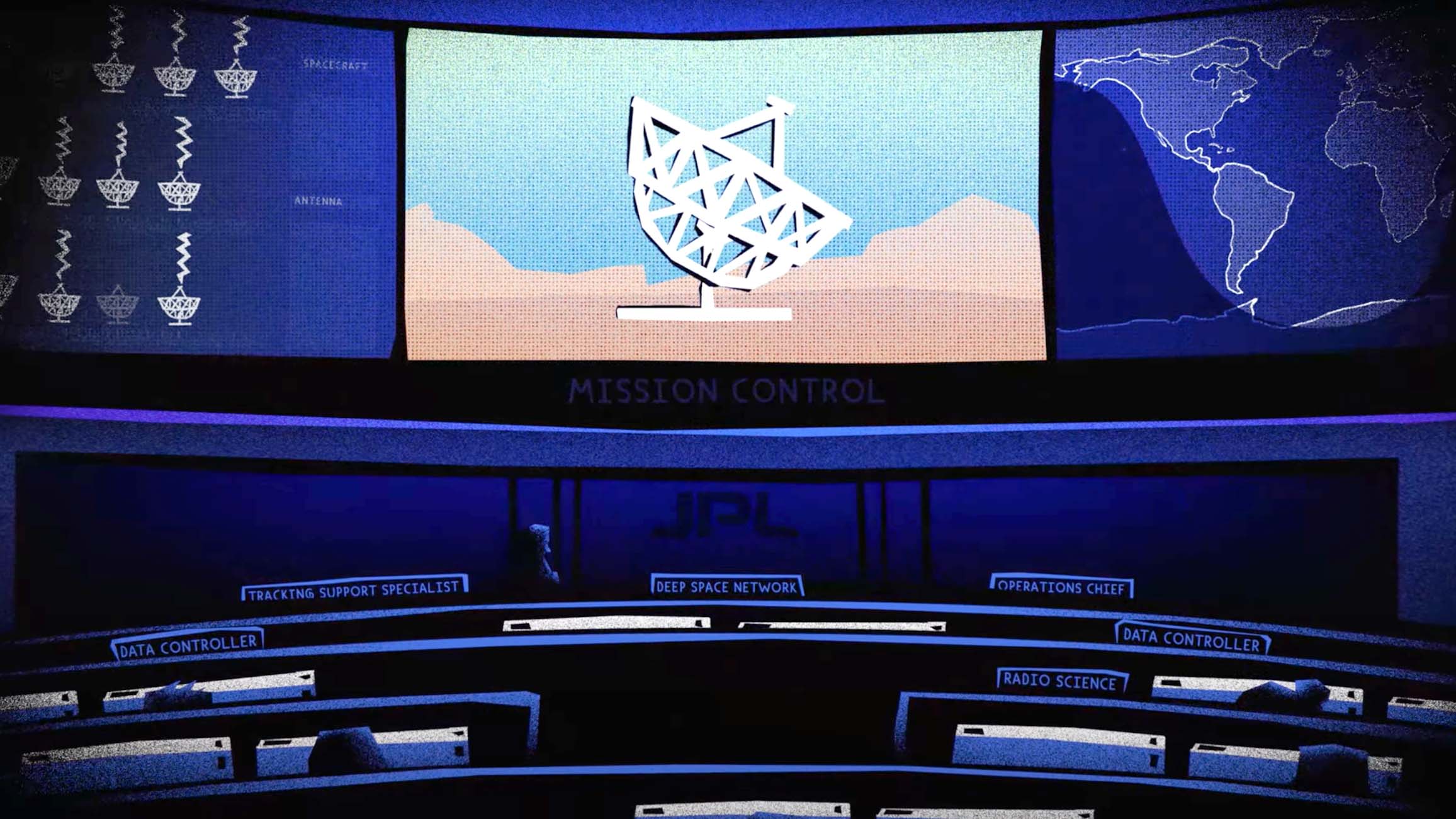 Cartoon illustration of mission control, a half-circle of seats facing a wall of screens displaying data