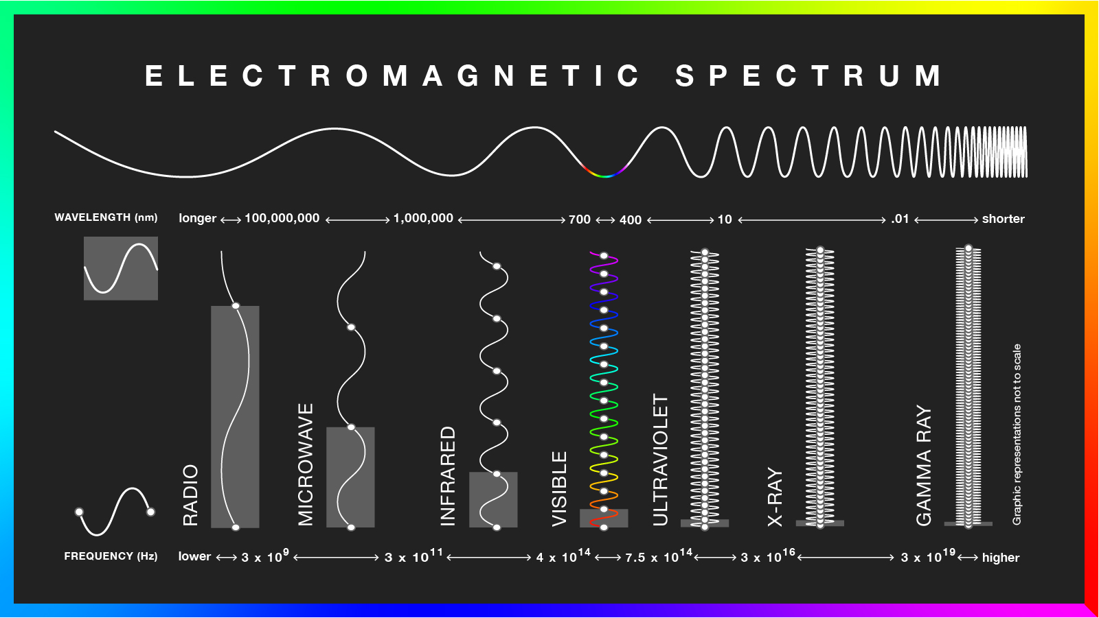 Each type of wave on the electromagnetic spectrum is represented with a wavy line. Each wave – radio, microwave, infrared, visible, ultraviolet, x-ray, and gamma ray – is between a range of wavelengths that get shorter (from >100,000,000 nm to <.01 nm) and frequencies that get higher (from <3x10^9 to >3x10^19 Hz) from left to right. Visible light makes up a relatively tiny portion of the full spectrum.