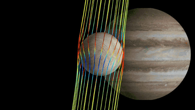 Europa is shown in the foreground with the giant planet Jupiter looming behind. Lines extend from the top through the bottom of the frame and encircle Europa like a cage. The lines are yellow-green at the top of the frame until they reach Europa's northern hemisphere, where they go through the spectrum from red to blue in a wave-like pattern before turning yellow-green again below Europa.