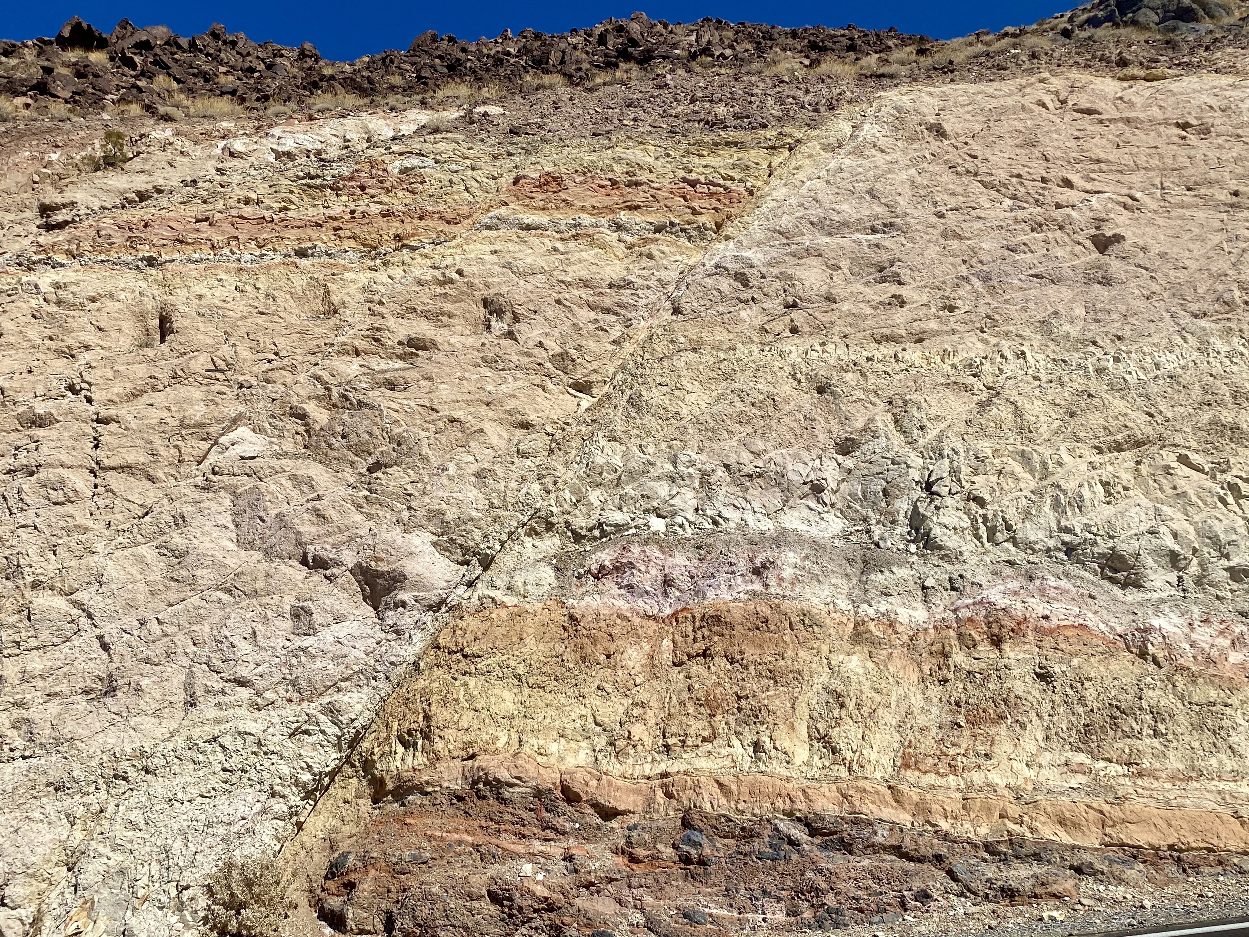 A rock face with horizontal layers has a diagonal crack in the middle of it where the layers are displaced and lower on one side.