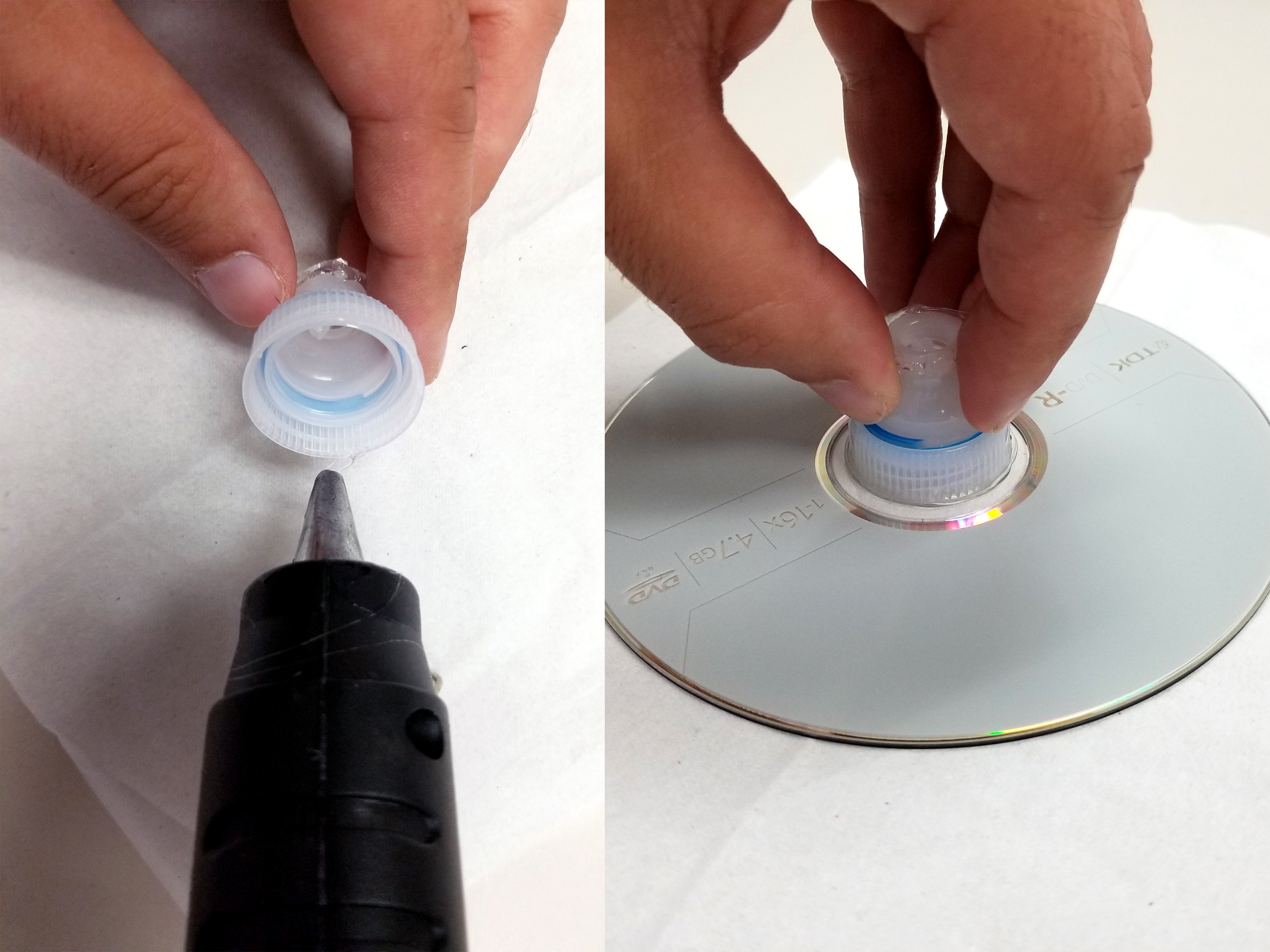 Adding glue to the bottom of the water bottle top and attaching to the CD