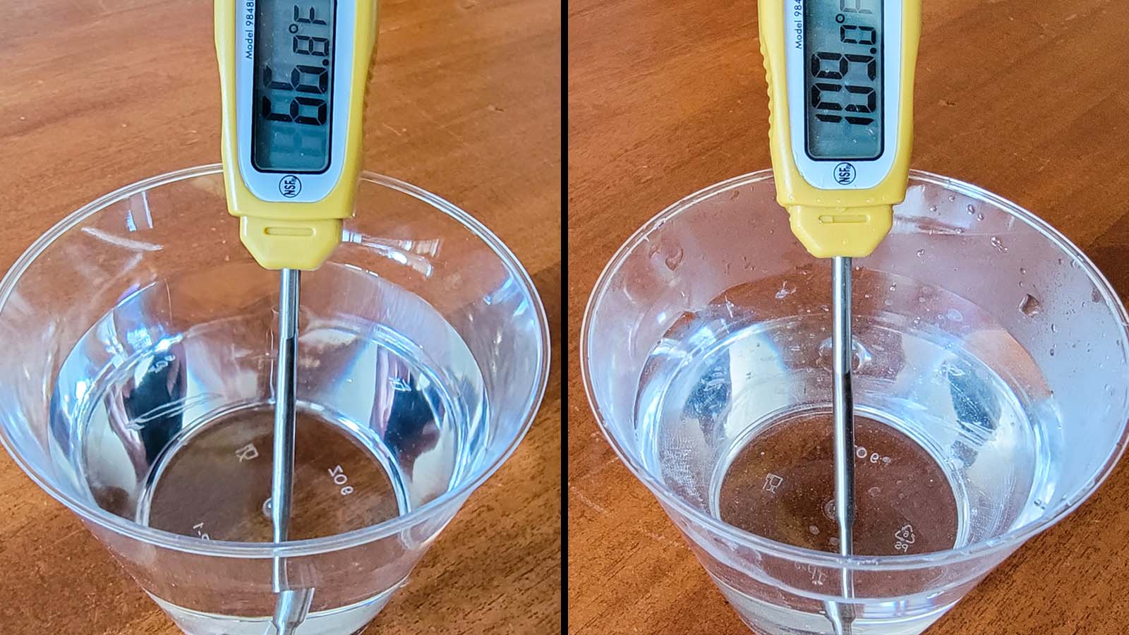 Side by side images of a thermometer in a clear plastic cub filled with water. The thermometer on the left reads 66 F while the one on the right reads 109 F.