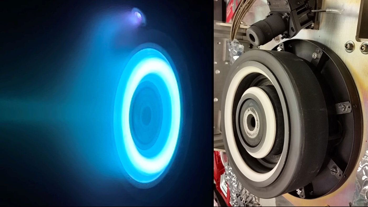 A thruster made up of concentric rings glows blue on the left and appears gray on the right.