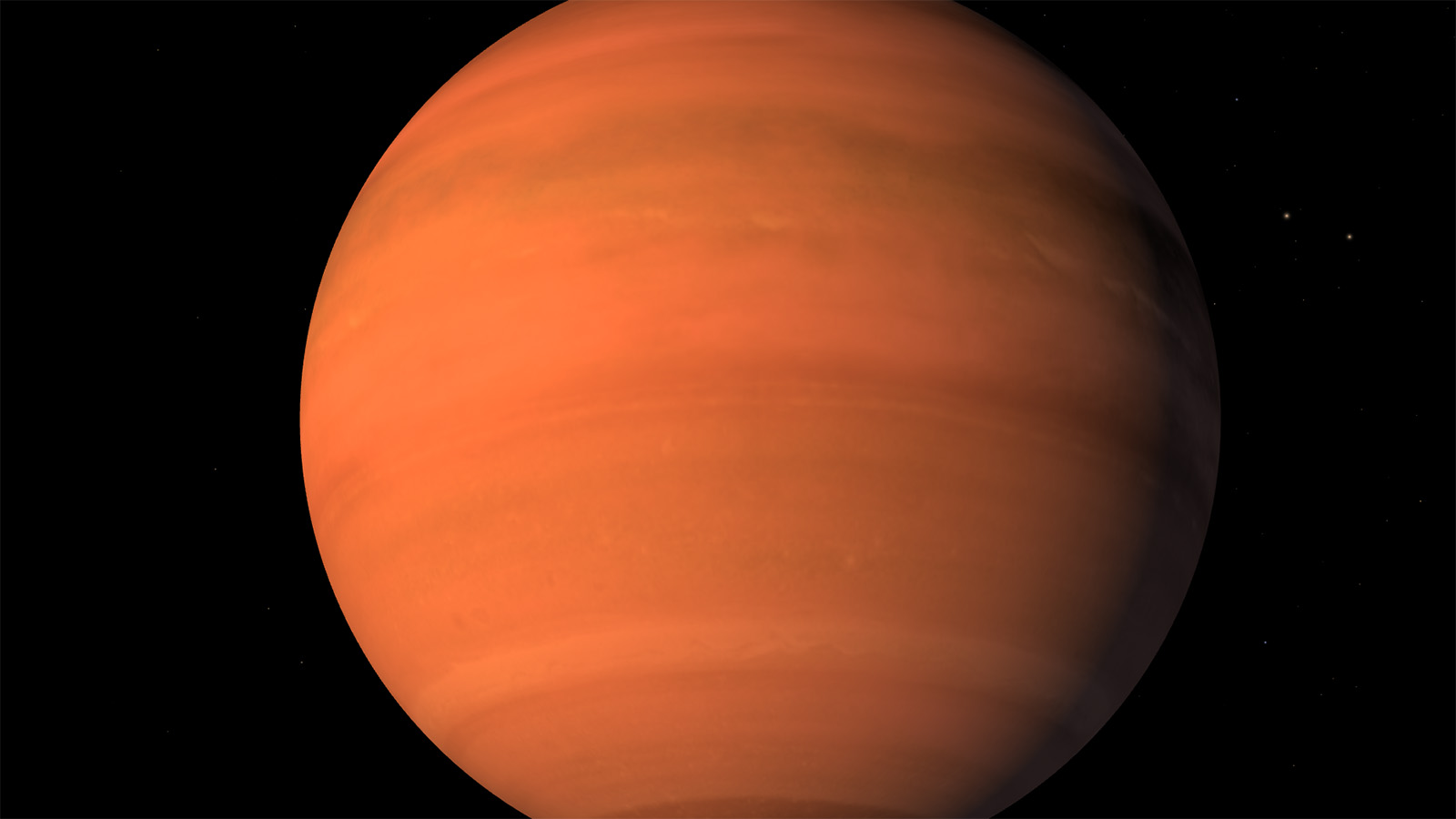 Stripes of orange haze cover a planet set against a black background.
