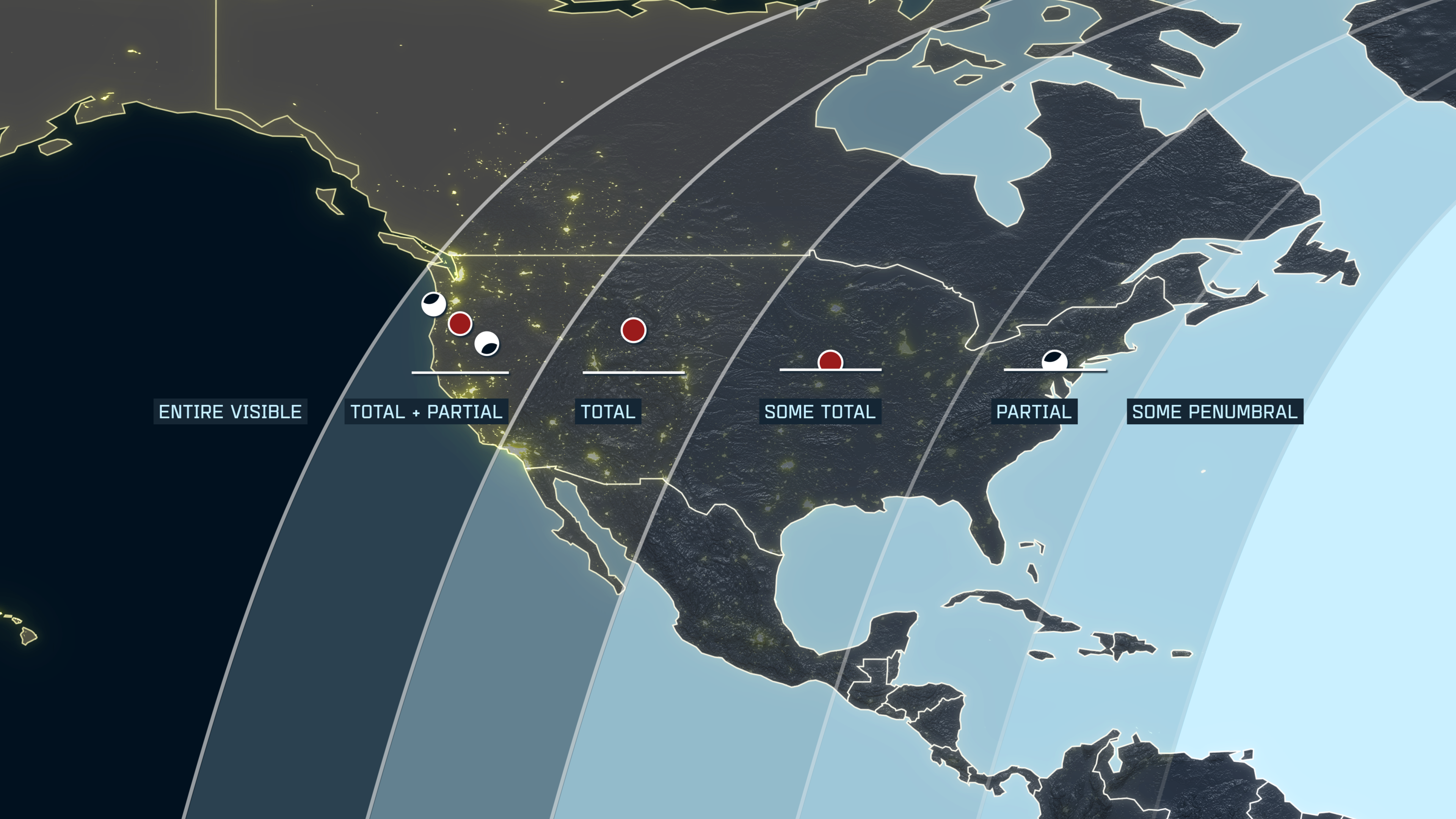 This illustration shows how the dark to lightly shaded areas on an eclipse map show the places where the eclipse is completely visible to not visible at all, respectively.