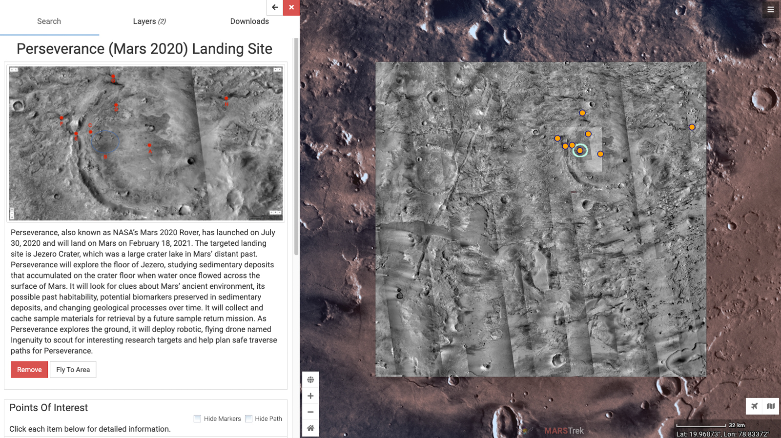 Screengrab of Mars Trek showing the Data window expanded with information about the Perseverance landing site.