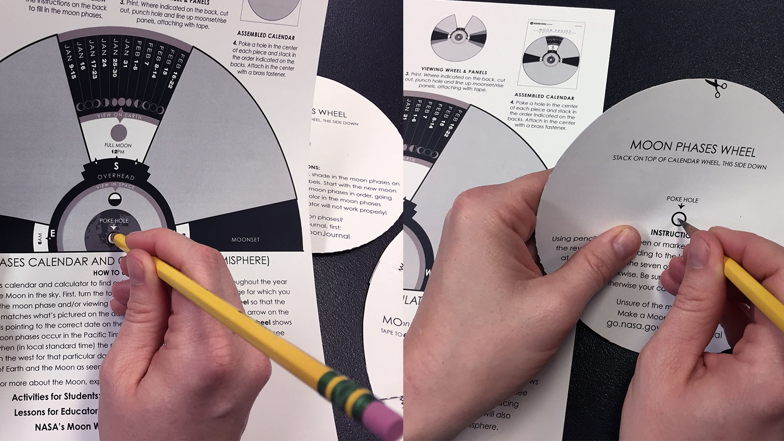Using a pencil to poke a guide hole in the center of all three wheels.