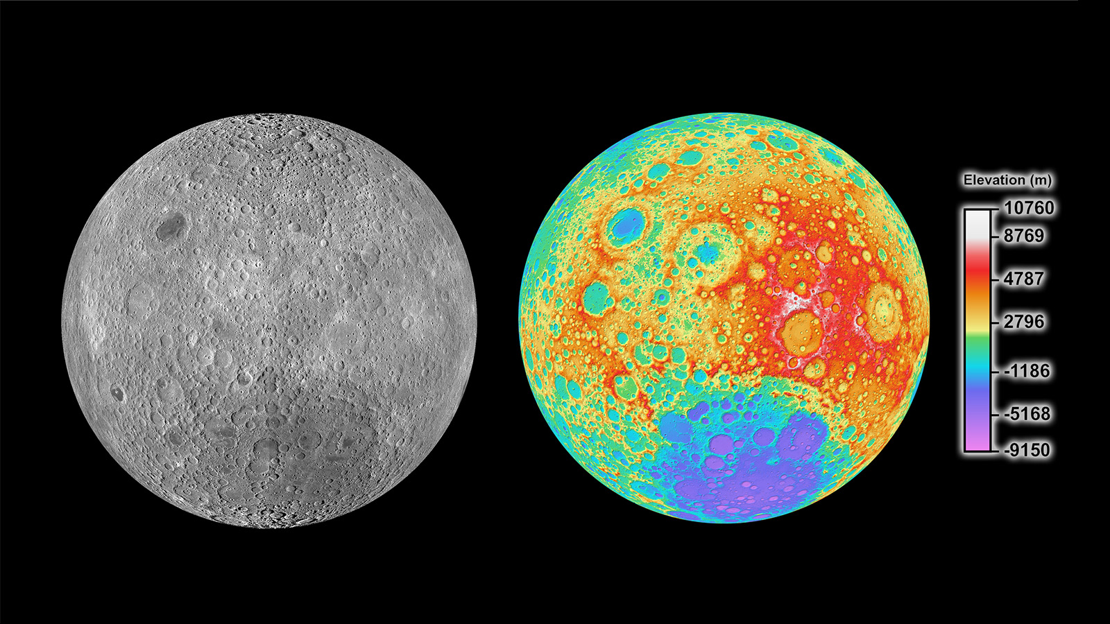 Two side-by-side views of the farside of the Moon. Extensive cratering can be seen in the monochrome view on the left, but it's only upon seeing the topographic overlay on the right that one can get a sense for the large differences in topography.