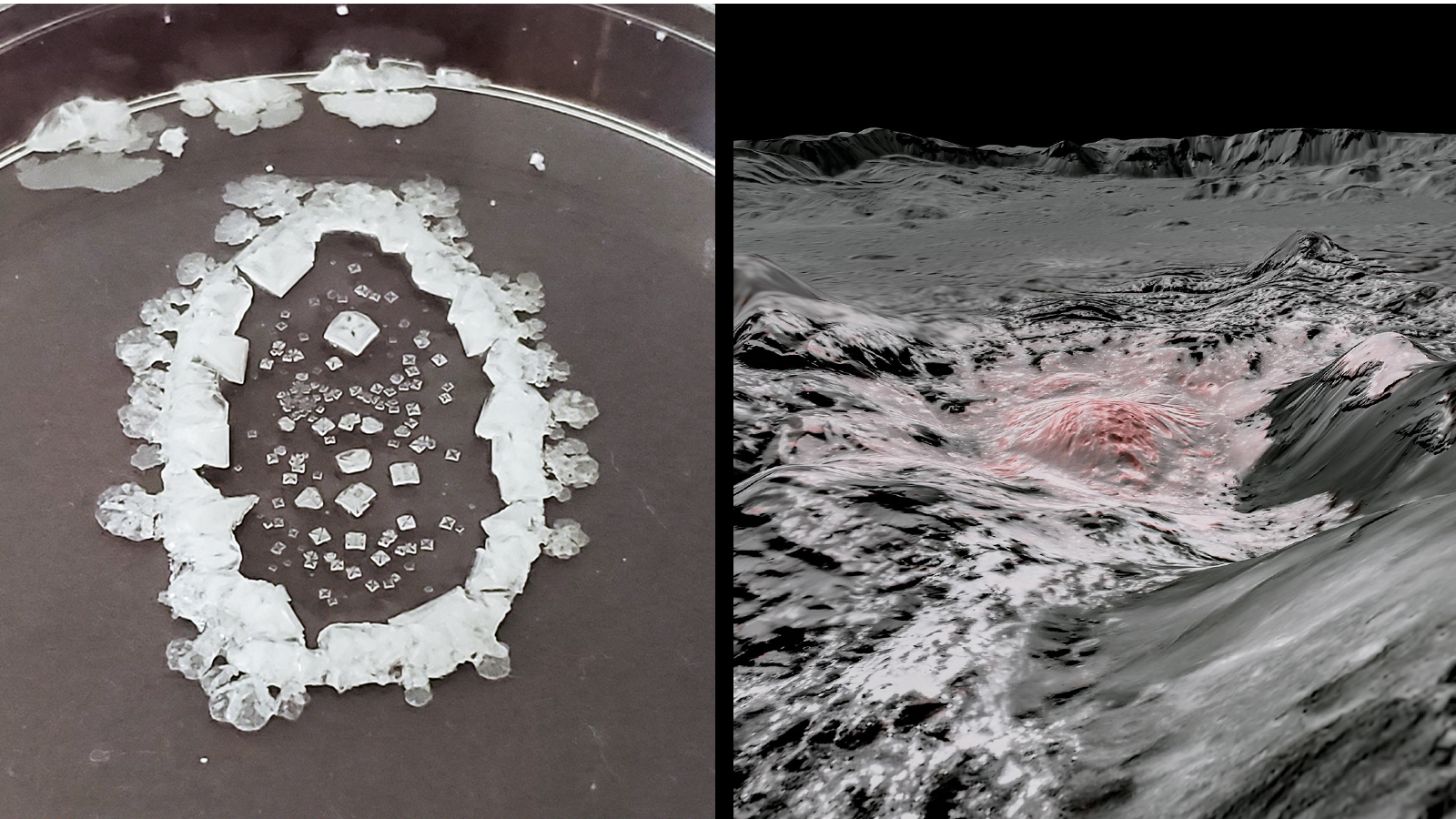Side-by-side images showing a dried table salt solution and a close-up view of salt deposits on the dwarf planet Ceres