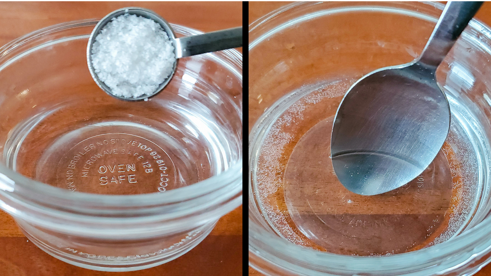 Side-by-side images show a person adding salt to water and stirring it to desolve the salt.