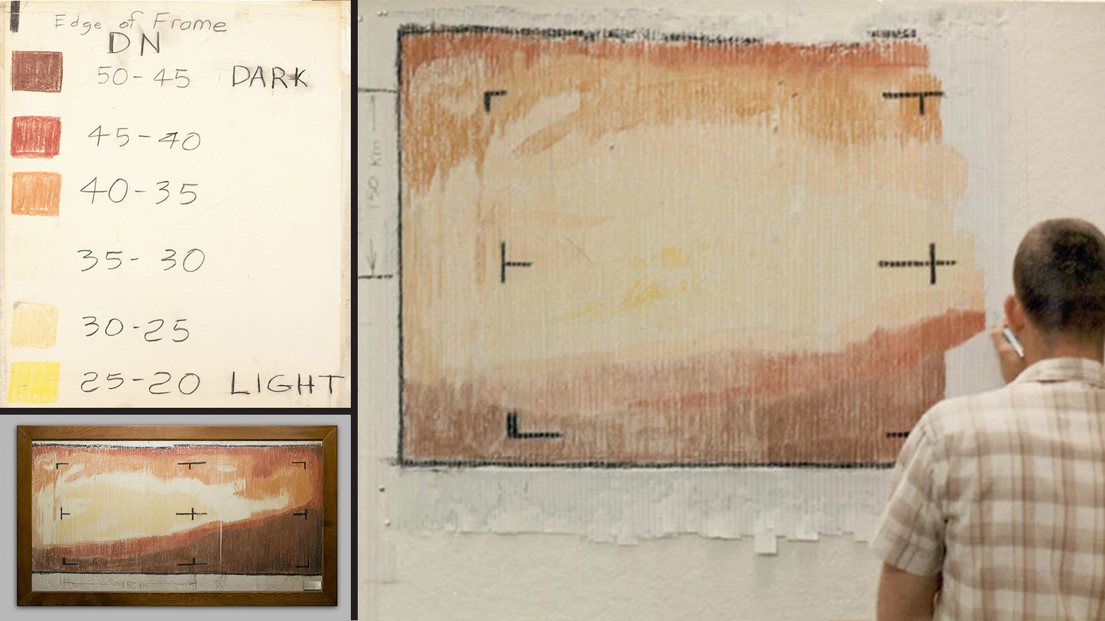 In the upper left is the 6-color key, from dark (50-45) to light (25-20), used by engineers to color the Mariner 4 image. On the right, a member of the mission colors in the final quarter of the strips of ticker tape. On the bottom left, the full colored-in image, which consists of a swirl of light yellow, surrounded by a swirl of off-white, the norange, then sienna, then brown, reveals an up-close view of the diagonal limb of Mars' horizon.