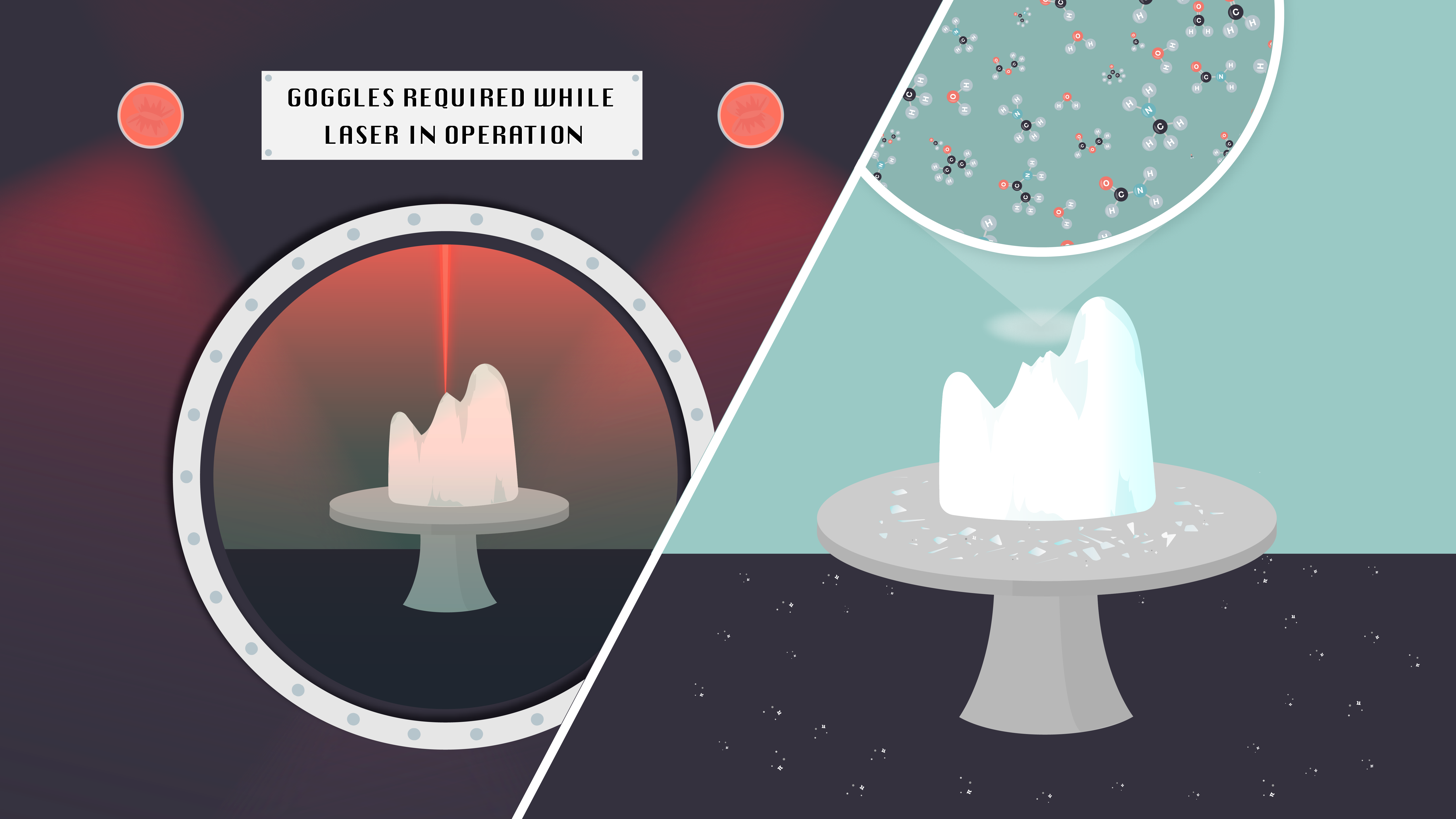 Illustration showing a laser pointed down at ice on one side. On the other side the ice has been exploded and an inset shows molecules, including amino acids.