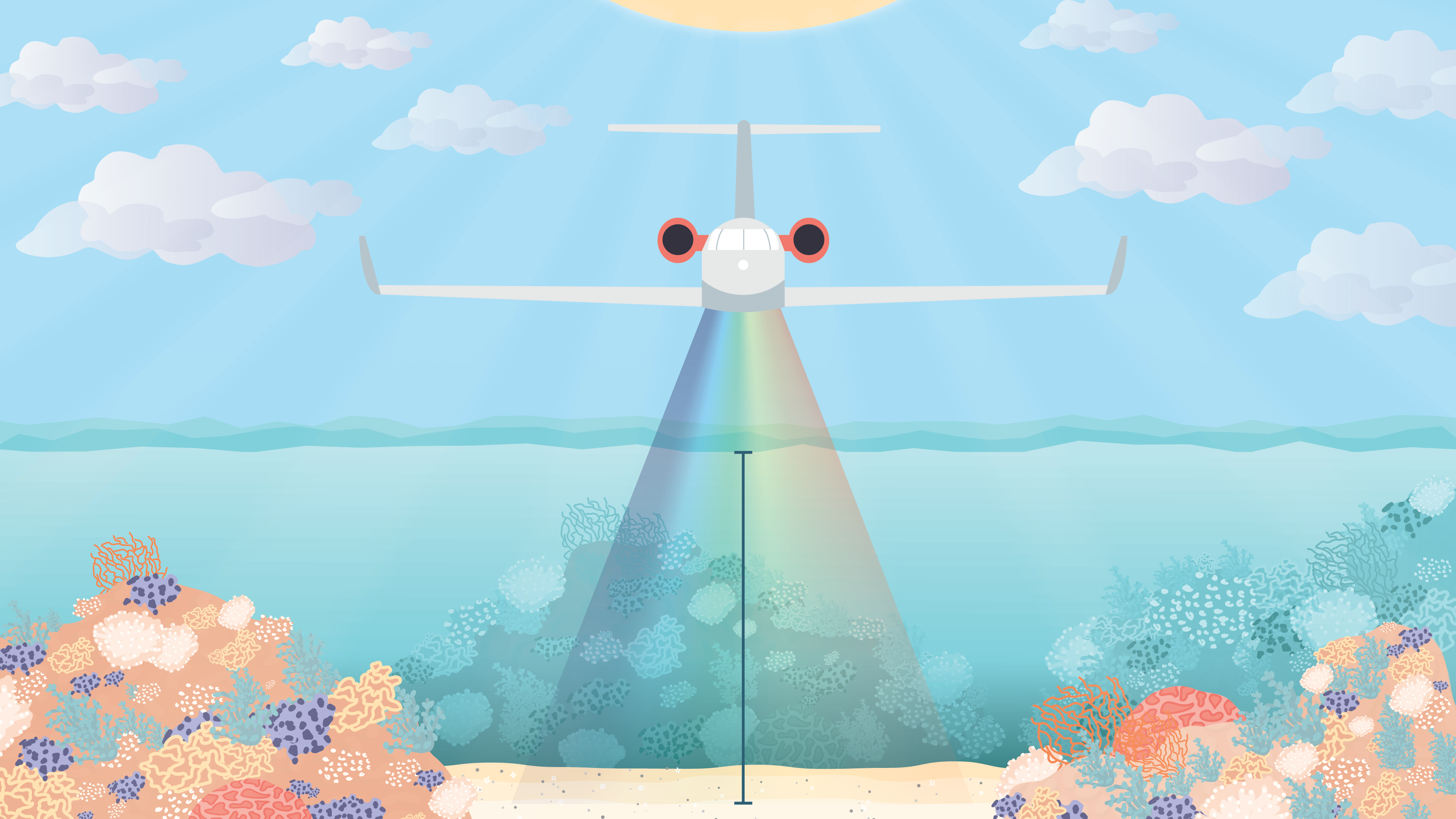 Illustration of an airplane flying over the ocean with coral shown below the water's surface. A spectral ray expands from the airplane down to the ocean floor