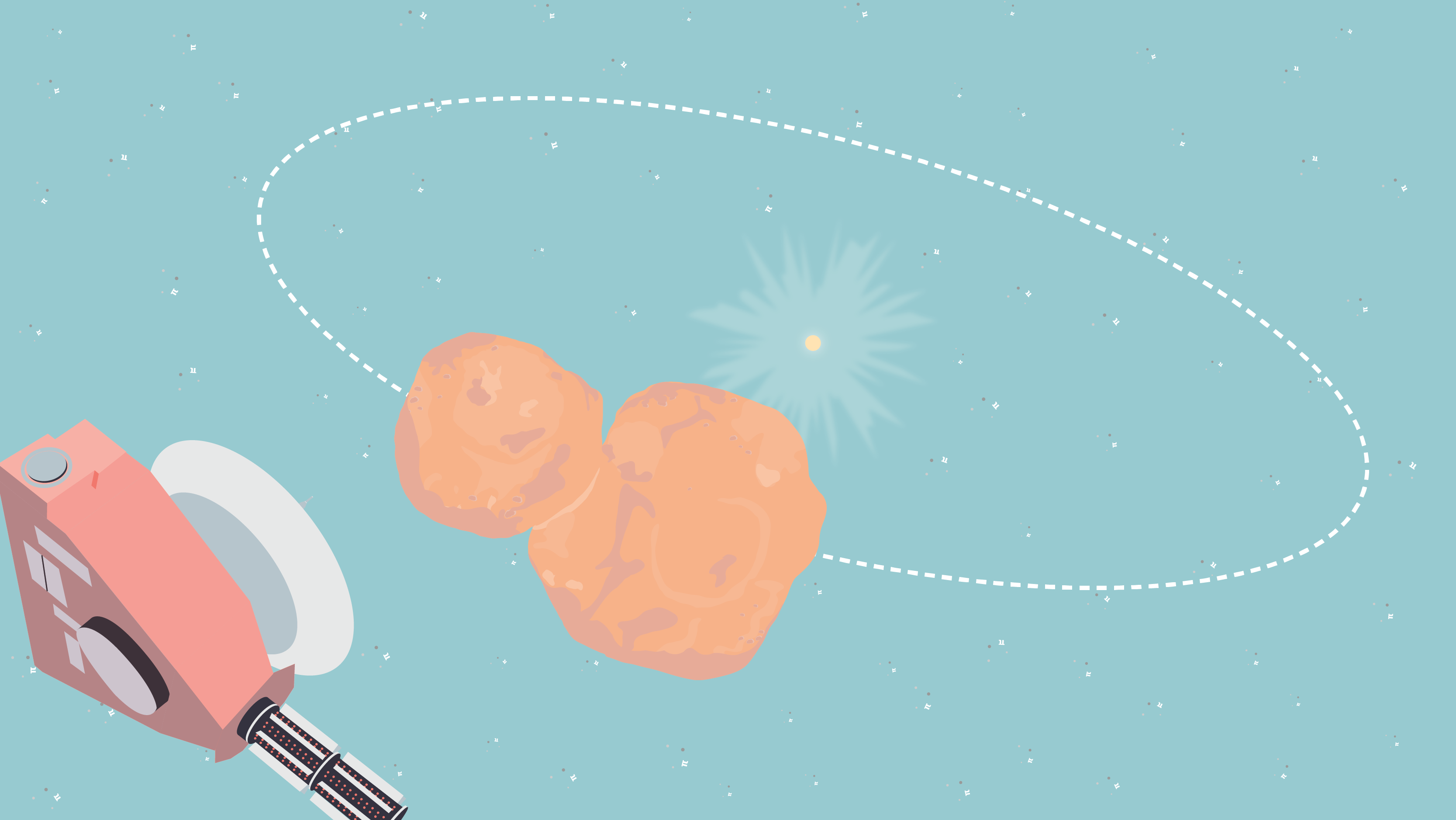 Illustration of Arrokoth orbiting the Sun with New Horizons flying by.