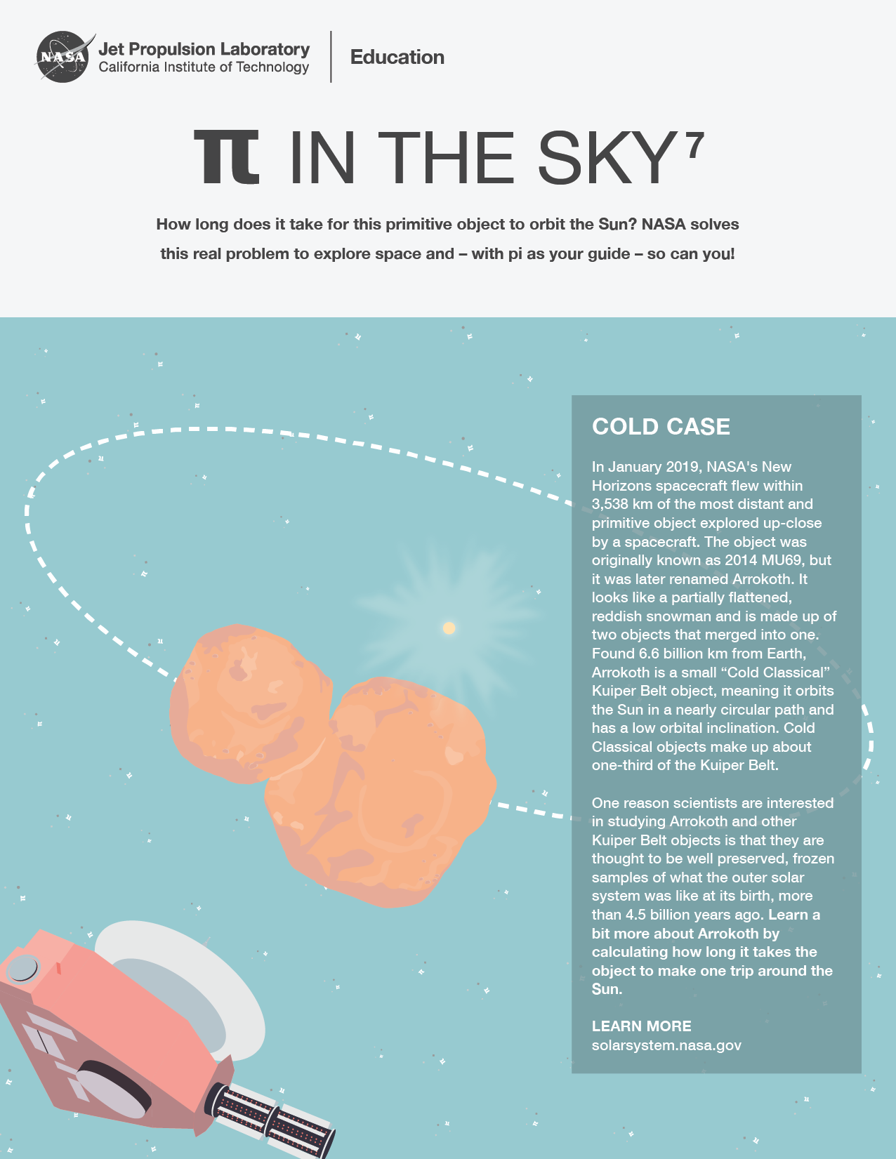 Illustration of Arrokoth orbiting the Sun with New Horizons flying by.