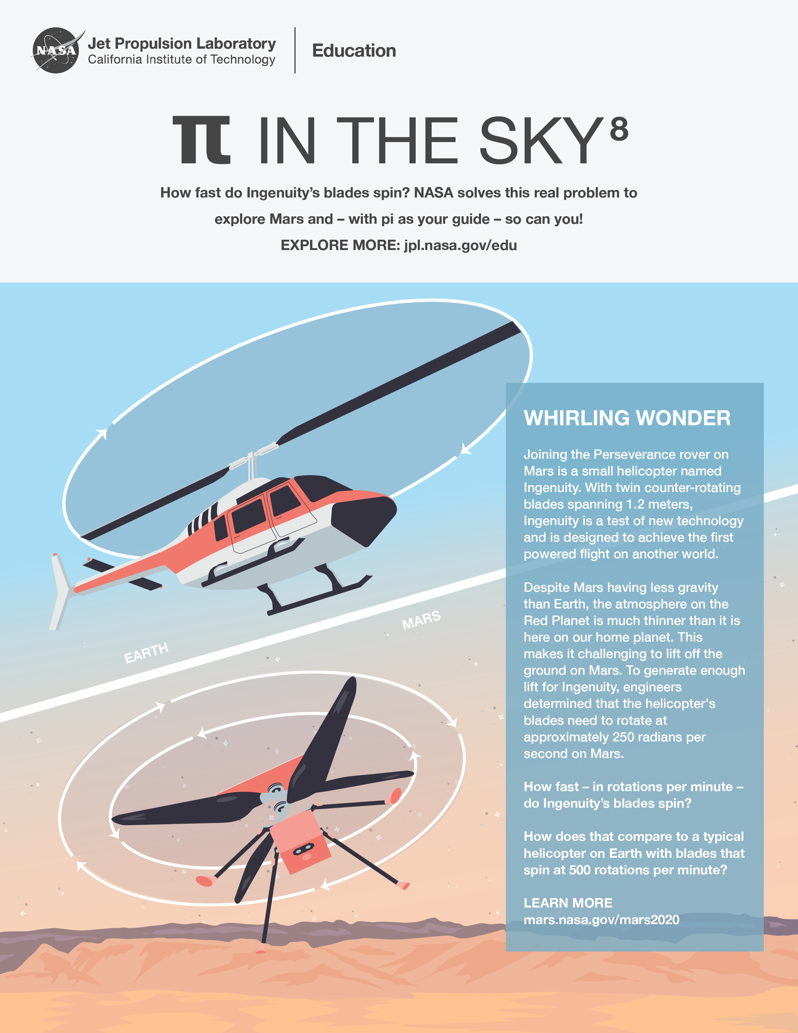 Illustration (split-screen) of helicopter on Earth flying compared with Ingenuity flying on Mars.