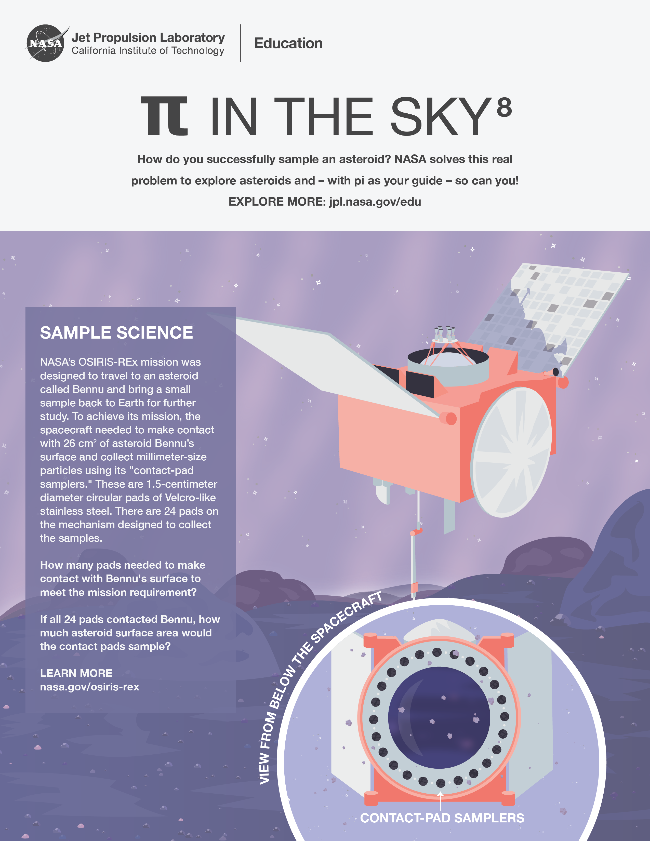 Illustration of OSIRIS-REx above asteroid Bennu with an inset of the spacecraft's contact-pad samplers.