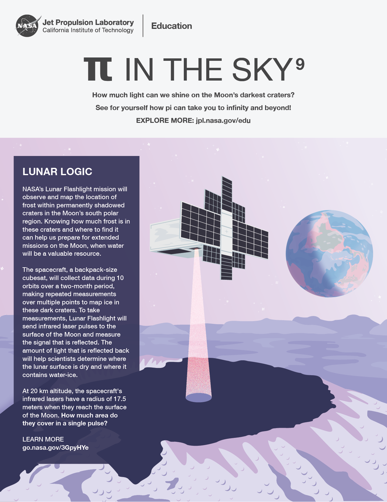 The Lunar Flashlight spacecraft shines a laser into a dark crater on the Moon, lighting up a circular area on the surface. Earth sits just beyond the horizon on the Moon’s south pole, a perspective that makes Earth appear as if it has been flipped 180 degrees.